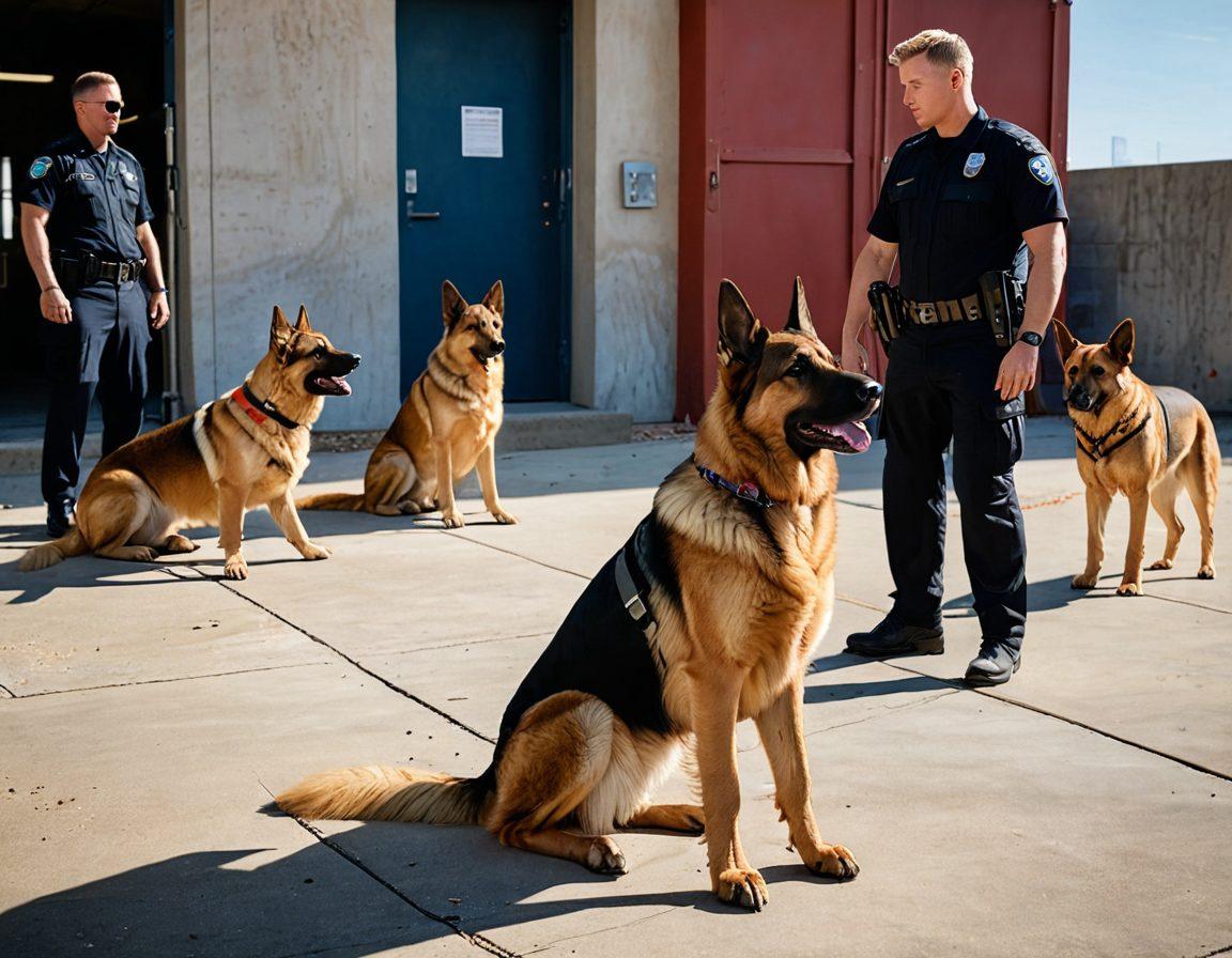 A dynamic and inspiring scene depicting diverse working dogs in action: a German Shepherd assisting a police officer, a Belgian Malinois in military gear on a mission, and a Golden Retriever offering comfort in a therapy session. The background should subtly show a cityscape, a military base, and a peaceful therapy room, seamlessly blending into one another. super-realistic. vibrant colors. detailed textures.